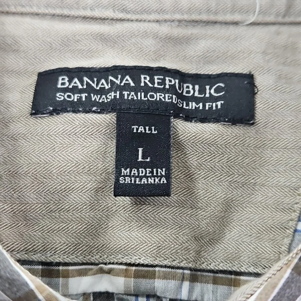Banana Republic Shirt Men's L Tall Brown Plaid Soft Wash Tailored Slim Fit‎ EUC